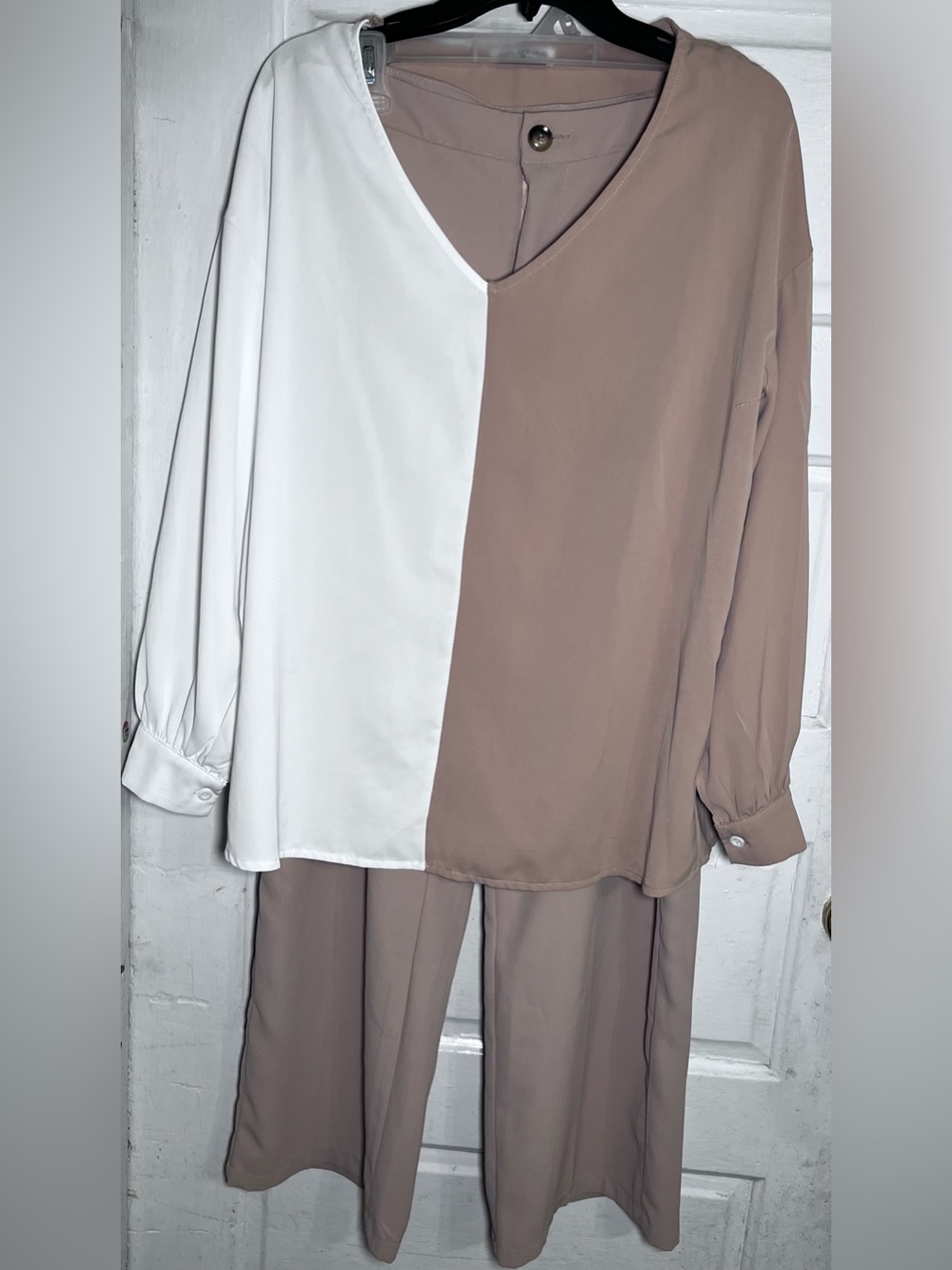 Two-Tone V-Neck Top and Wide-Leg Trousers Set - White & Taupe